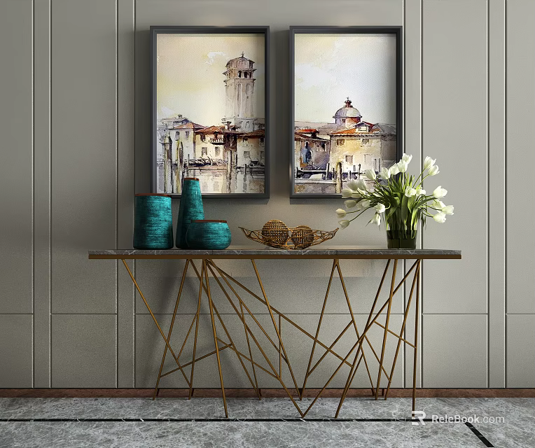 Stylish Console Table With Two Framed Paintings Vase And Decorative Metal Accents 3d model 