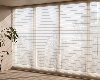 Modern Window Blinds In Bright Interior Room With Natural Light And Green Plant 3d model
