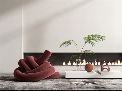 Red Spiral Lazy Sofa In Modern Living Room With Fireplace Flames And Green Plant 3d model