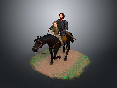 Man Riding Black Horse With Child On Grass And Dirt Ground 3d model