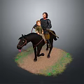 Man Riding Black Horse With Child On Grass And Dirt Ground