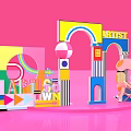Colorful Geometric Art Scene With Pink Background Artist Sign And Sitting Person
