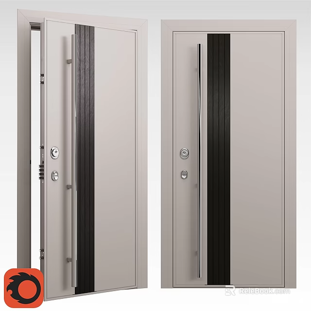 Modern Swing Door Design With Aluminum Frame Black Stripes And Silver Handle Details 3d model 