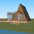 Scenic Wooden Cabin By The Lake With Gabled Roof Balcony And Green Surroundings