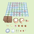 Outdoor Picnic Food Spread With Cake Strawberries Apples Sandwiches Basket And Checkered Tablecloth