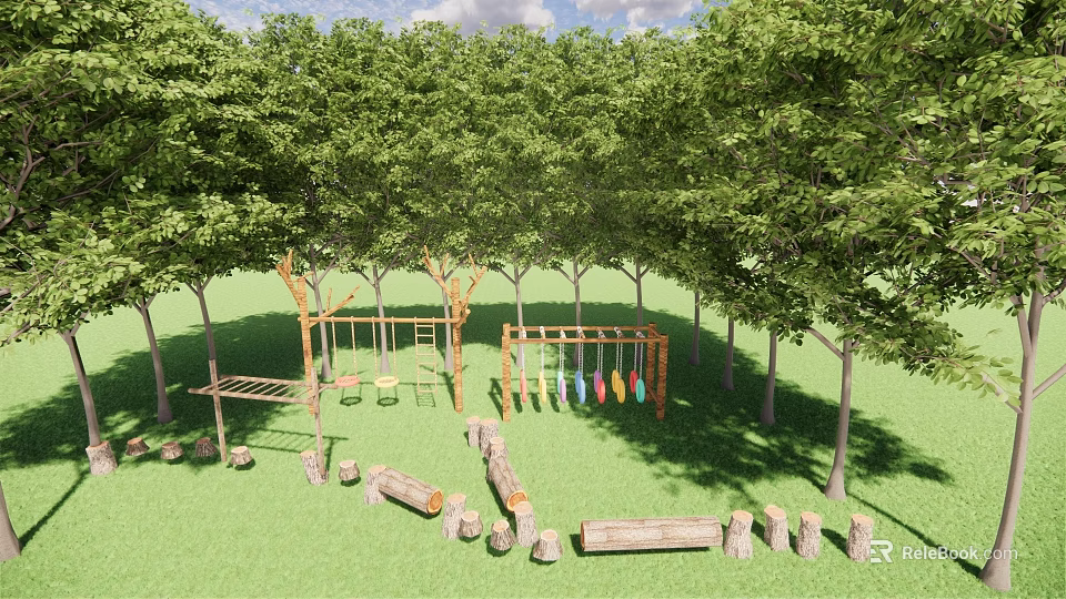 Outdoor Playground Equipment In Wooded Area With Green Grass Swings And Log Seats 3d model 