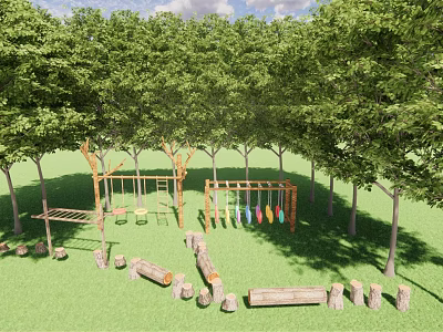 Outdoor Playground Equipment In Wooded Area With Green Grass Swings And Log Seats 3d model
