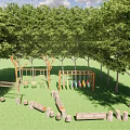 Outdoor Playground Equipment In Wooded Area With Green Grass Swings And Log Seats