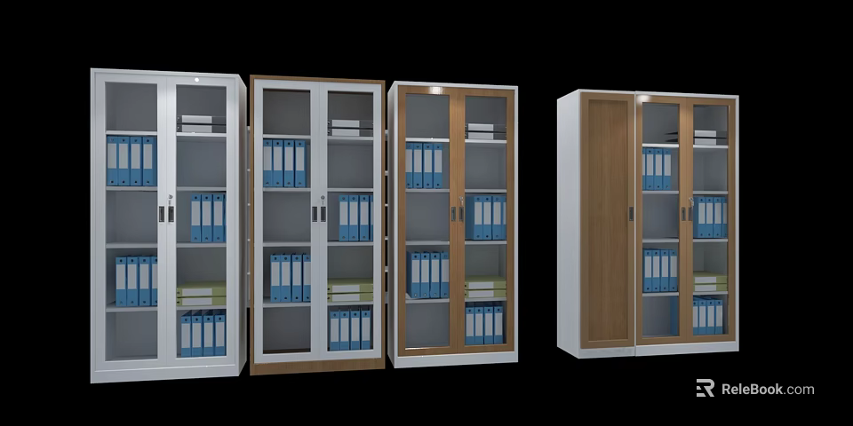 Modern Bookcases With Glass Doors White And Wooden Design For Blue Folders And Books 3d model 