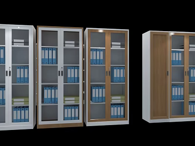Modern Bookcases With Glass Doors White And Wooden Design For Blue Folders And Books 3d model