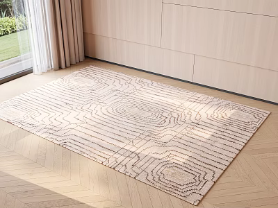 Square Beige Light Brown Rug With Wavy Circular Patterns On Wooden Floor 3d model