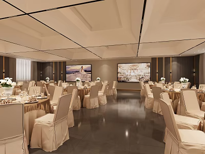 Elegant Banquet Hall Setup With Round Tables Chair Covers And Floral Centerpieces 3d model