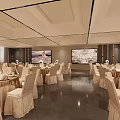 Elegant Banquet Hall Setup With Round Tables Chair Covers And Floral Centerpieces
