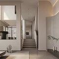 Modern Living Dining Room Interior With Sofa Coffee Table TV Staircase And Large Windows