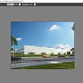 Modern Industrial Factory Building Exterior with White Walls People Cars Green Landscaping Blue Sky Clouds