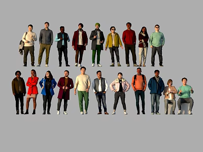 Men in Diverse Casual Clothing Styles with Different Standing and Sitting Poses 3d model
