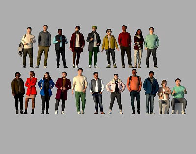 Men in Diverse Casual Clothing Styles with Different Standing and Sitting Poses 3d model