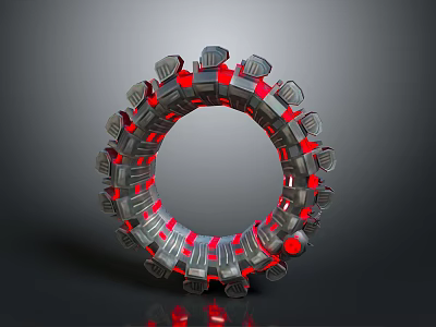Futuristic Circular Mechanical Ring Structure With Red Lights And Silver Components 3d model