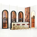 Modern Bar Interior With Arched Wine Racks Red Stools And Metallic Counter