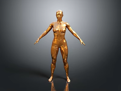 Golden Human Figure Sculpture With Circuit Mechanical Texture Standing Pose And Gray Gradient Background 3d model