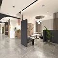 Modern Elevator Hallway Interior With Decorative Painting Plants Marble Accents And Tile Floor
