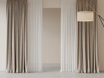 Room Interior Design With Floor Length Beige Velvet And White Sheer Curtains And Lamp 3d model