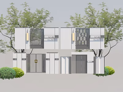 Modern Architectural Entrance Gate With Geometric Design Green Trees And Bushes 3d model