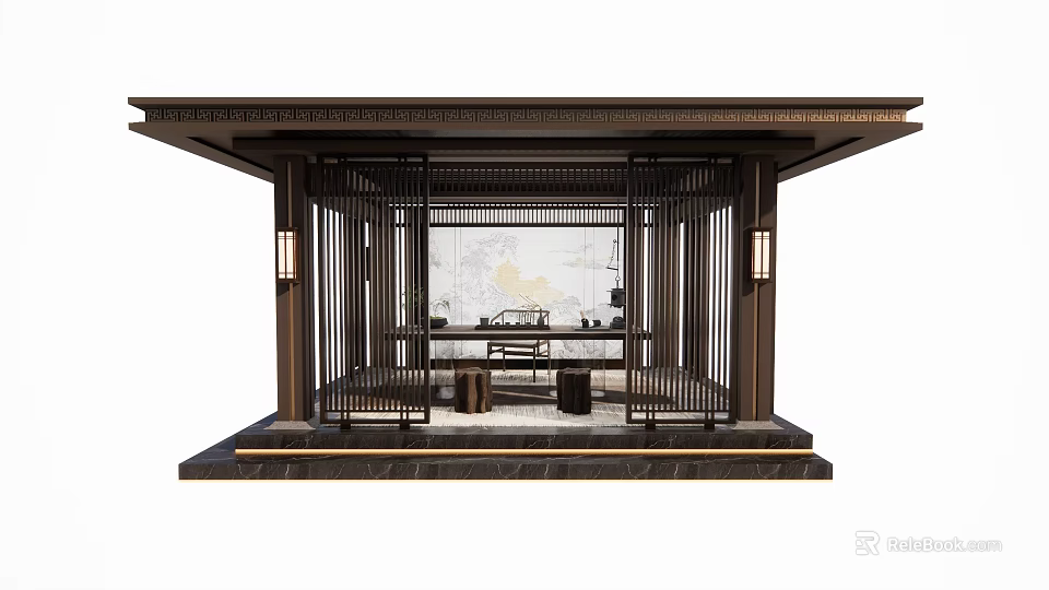 Traditional Chinese Landscape Pavilion Design with Wooden Lattice and Interior Tables Chairs 3d model 