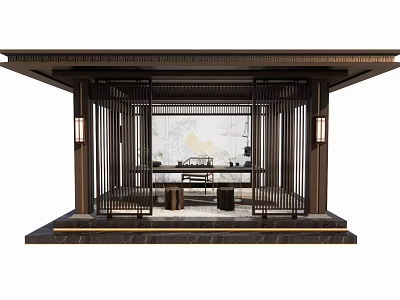Traditional Chinese Landscape Pavilion Design with Wooden Lattice and Interior Tables Chairs 3d model