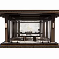 Traditional Chinese Landscape Pavilion Design with Wooden Lattice and Interior Tables Chairs