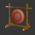 Traditional Chinese Gong Musical Instrument With Wooden Stand And Golden Decorative Pattern