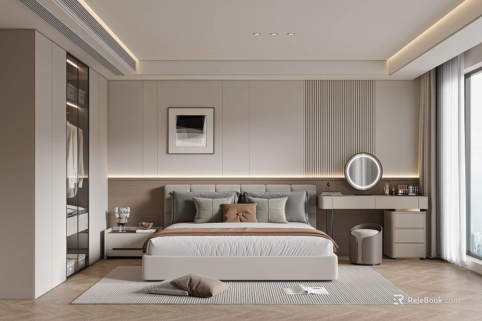 Modern Bedroom With Bed Pillows Bedside Table Framed Picture Dressing Table Round Mirror And Wardrobe 3d model 