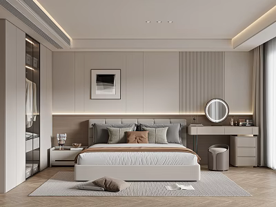 Modern Bedroom With Bed Pillows Bedside Table Framed Picture Dressing Table Round Mirror And Wardrobe 3d model