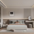 Modern Bedroom With Bed Pillows Bedside Table Framed Picture Dressing Table Round Mirror And Wardrobe
