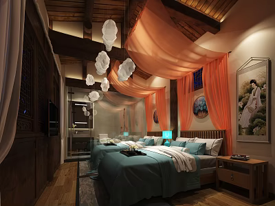 Hotel Guest Room Interior With Double Bed Blue Bedding Wooden Ceiling Orange Curtains And Chandelier 3d model