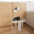 White Side Table With Glass Top Black Decor And Hanging Lamp On Wooden Floor