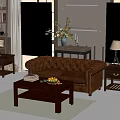 Cozy Living Room Interior With Brown Leather Tufted Sofa Wooden Coffee Table And Natural Light