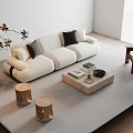 Cozy Sofa And Wooden Coffee Table With Black Gray Cushions Small Round Stools Potted Plant