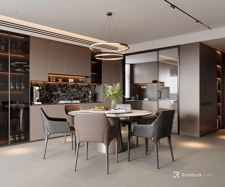 Modern Open Kitchen Interior Design With Marble Island Dining Table And Chairs 3d model