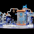 Futuristic Tech Exhibition Booth With Blue White Design Circular Structure Domed Top And People Around