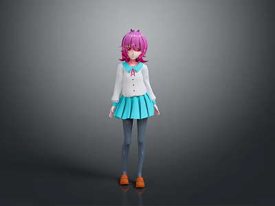 Game Movie Character with Pink Hair White Top Blue Pleated Skirt Gray Stockings Orange Shoes 3d model