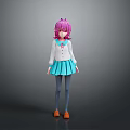 Game Movie Character with Pink Hair White Top Blue Pleated Skirt Gray Stockings Orange Shoes