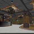 Modern Internet Cafe Interior Design With Green Armchairs Wooden Desks And Hanging Lights