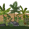 Lush Tropical Garden With Banana Plants Palm Tree Bamboo Fence Green Grass And Colorful Flowers