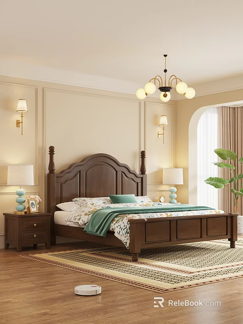 Classic Bedroom Interior Design With Wooden Bed Nightstands Table Lamps Wall Sconces And Chandelier 3d model 