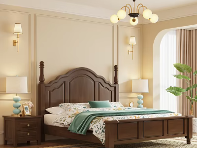Classic Bedroom Interior Design With Wooden Bed Nightstands Table Lamps Wall Sconces And Chandelier 3d model