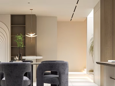 Modern Restaurant Interior With Gray Velvet Chairs Green Plants And Wooden Decor 3d model