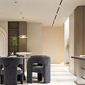 Modern Restaurant Interior With Gray Velvet Chairs Green Plants And Wooden Decor