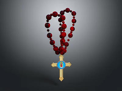 Red Beaded Religious Pendant With Gold Cross And Blue Icon Centerpiece Design 3d model