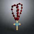 Red Beaded Religious Pendant With Gold Cross And Blue Icon Centerpiece Design